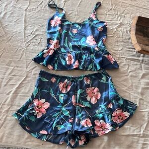Top Shop Silky satin summer lingerie set pj floral navy pink green xs 2